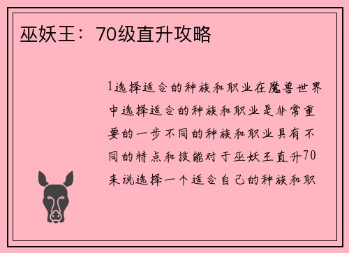 巫妖王：70级直升攻略